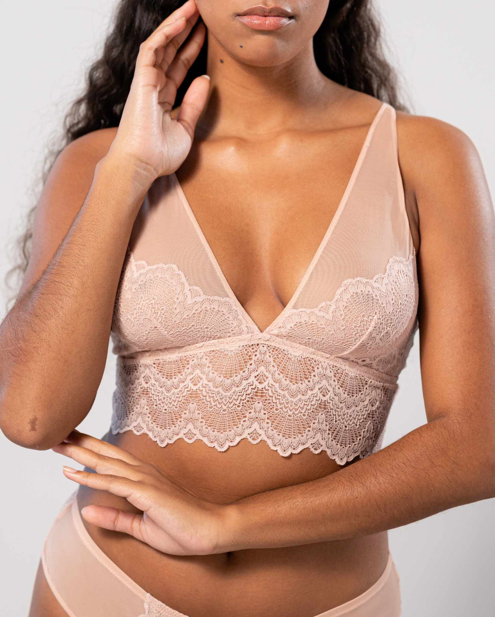 Lace Mesh Plunge Bralette Top Nude