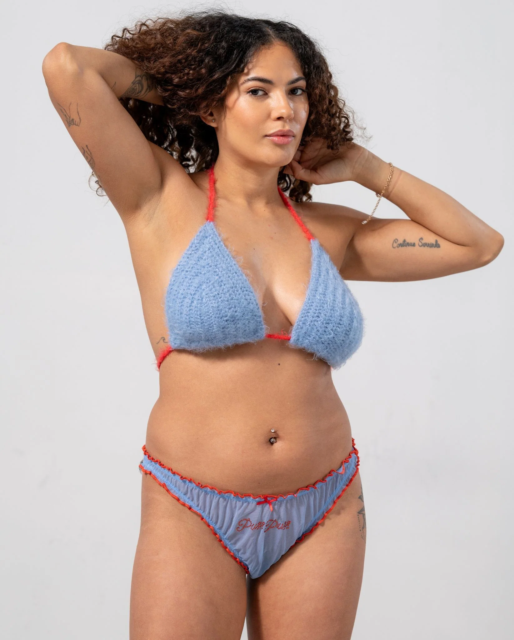 Knitted Triangle Bralette Light Blue/Fiery Red - Image 3