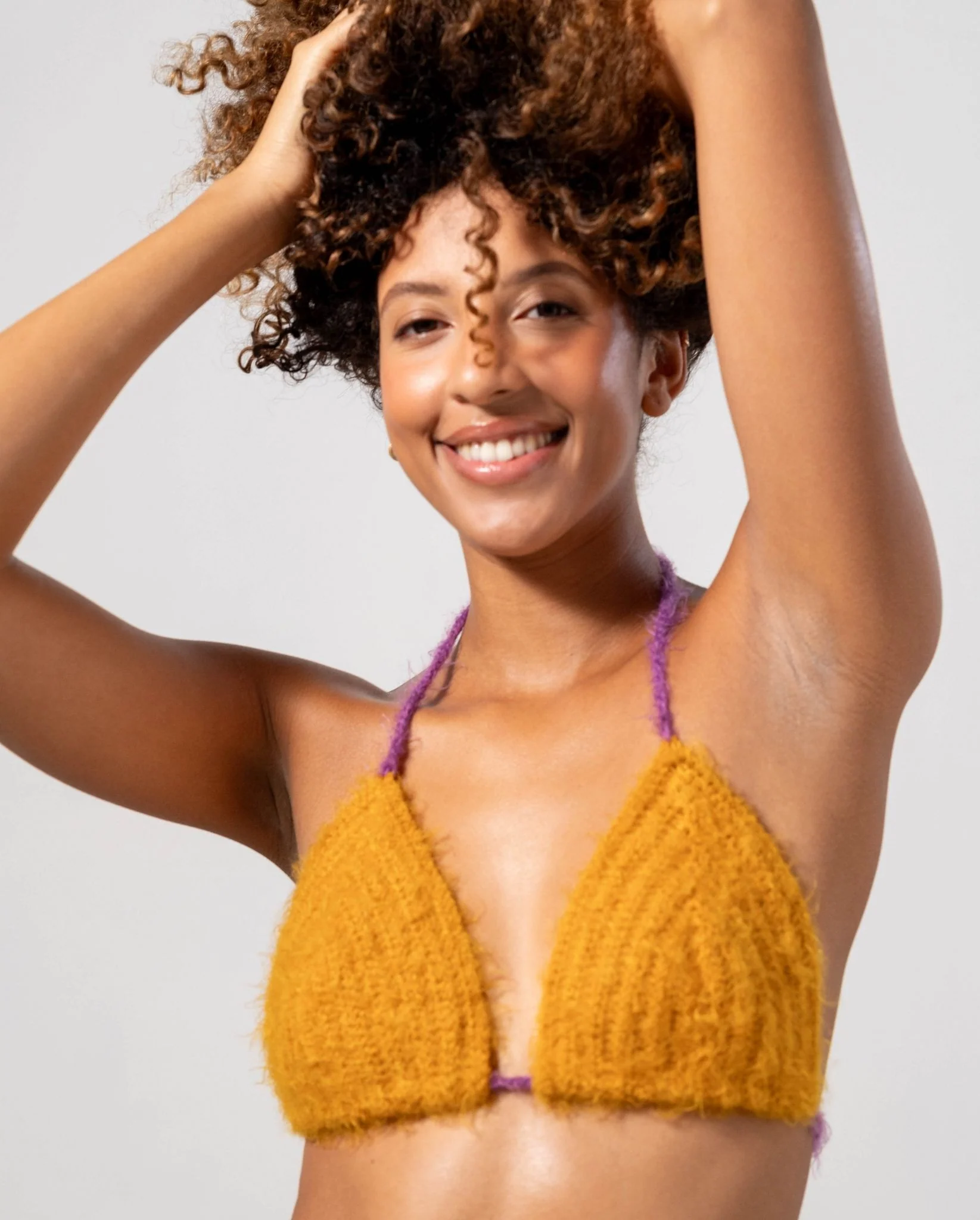 Knitted Triangle Bralette Mustard/Electric Lilac - Image 7