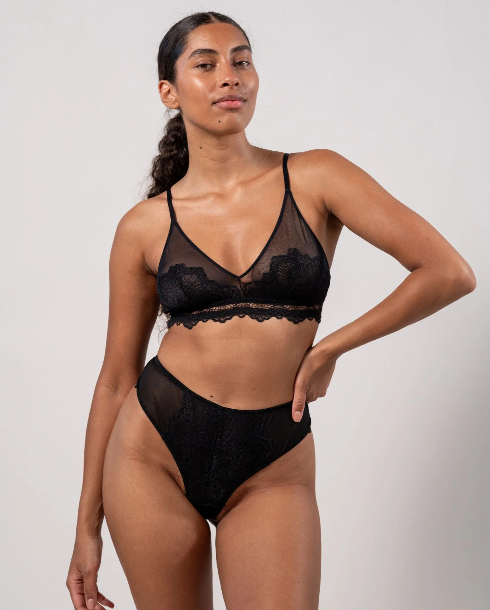Lace Mesh High Cut Thong Black - Image 9