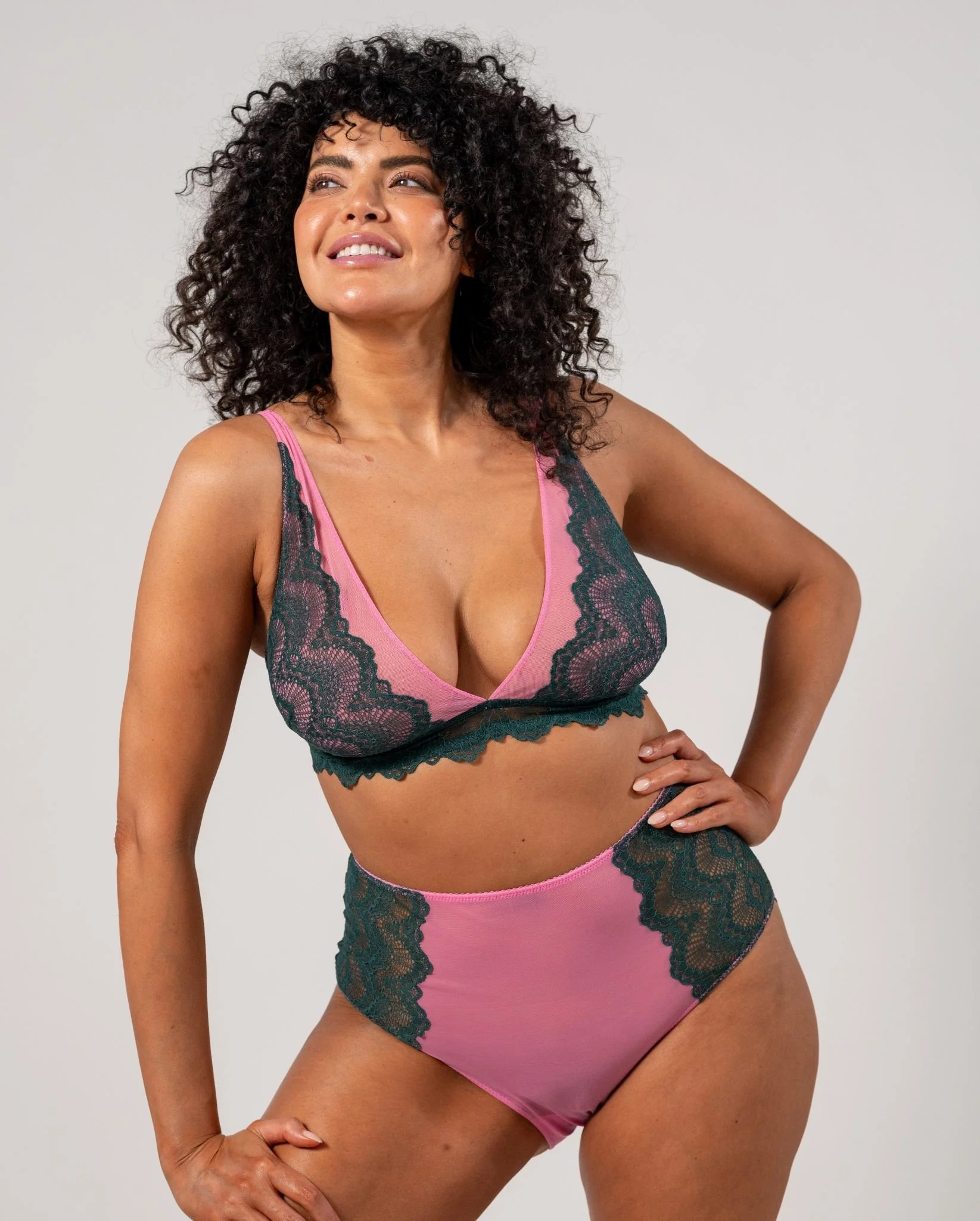 Lace Plunge Bralette Pine Green/Candy Pink - Image 4