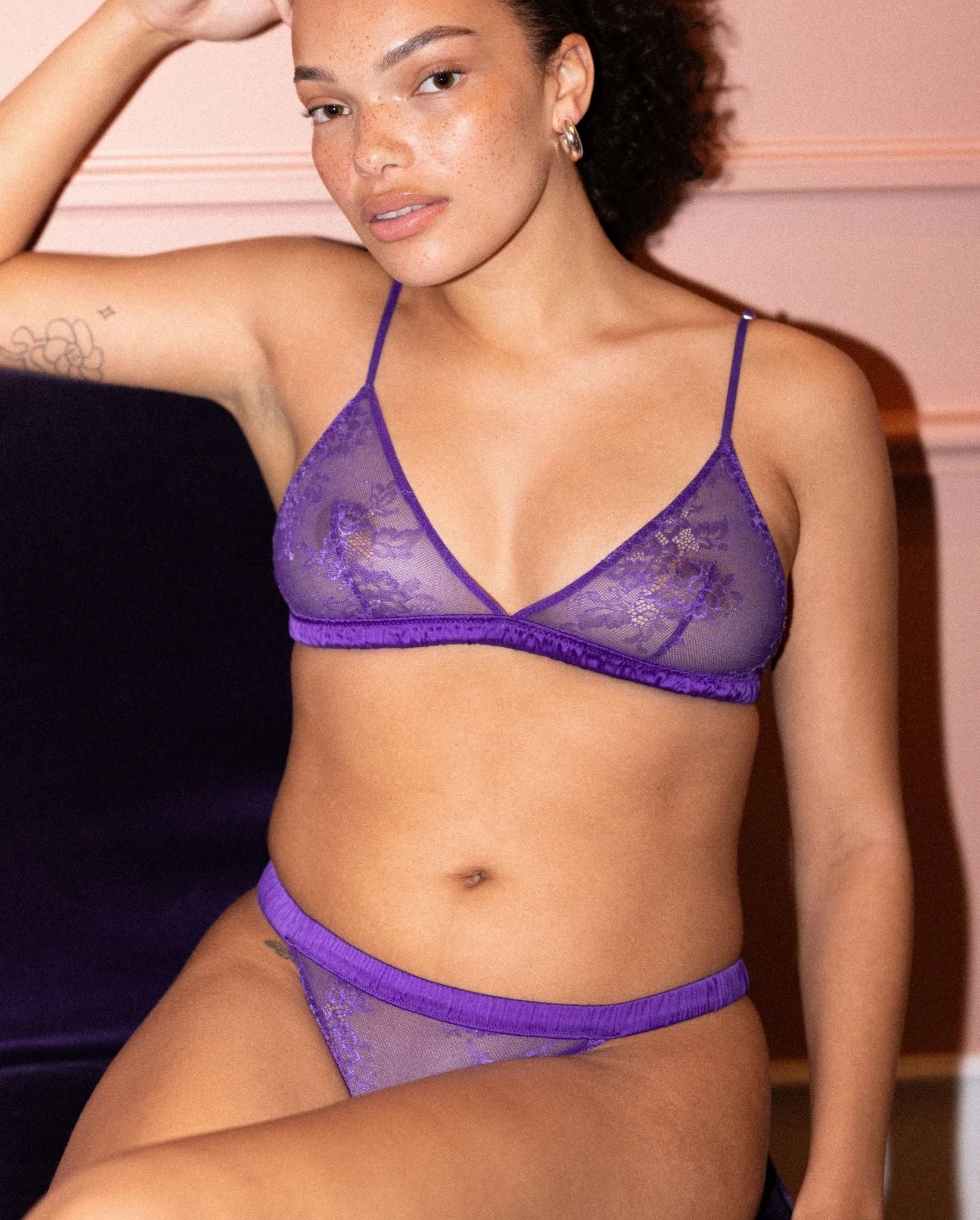 Floral Lace Satin Triangle Bralette Lilac - Image 11