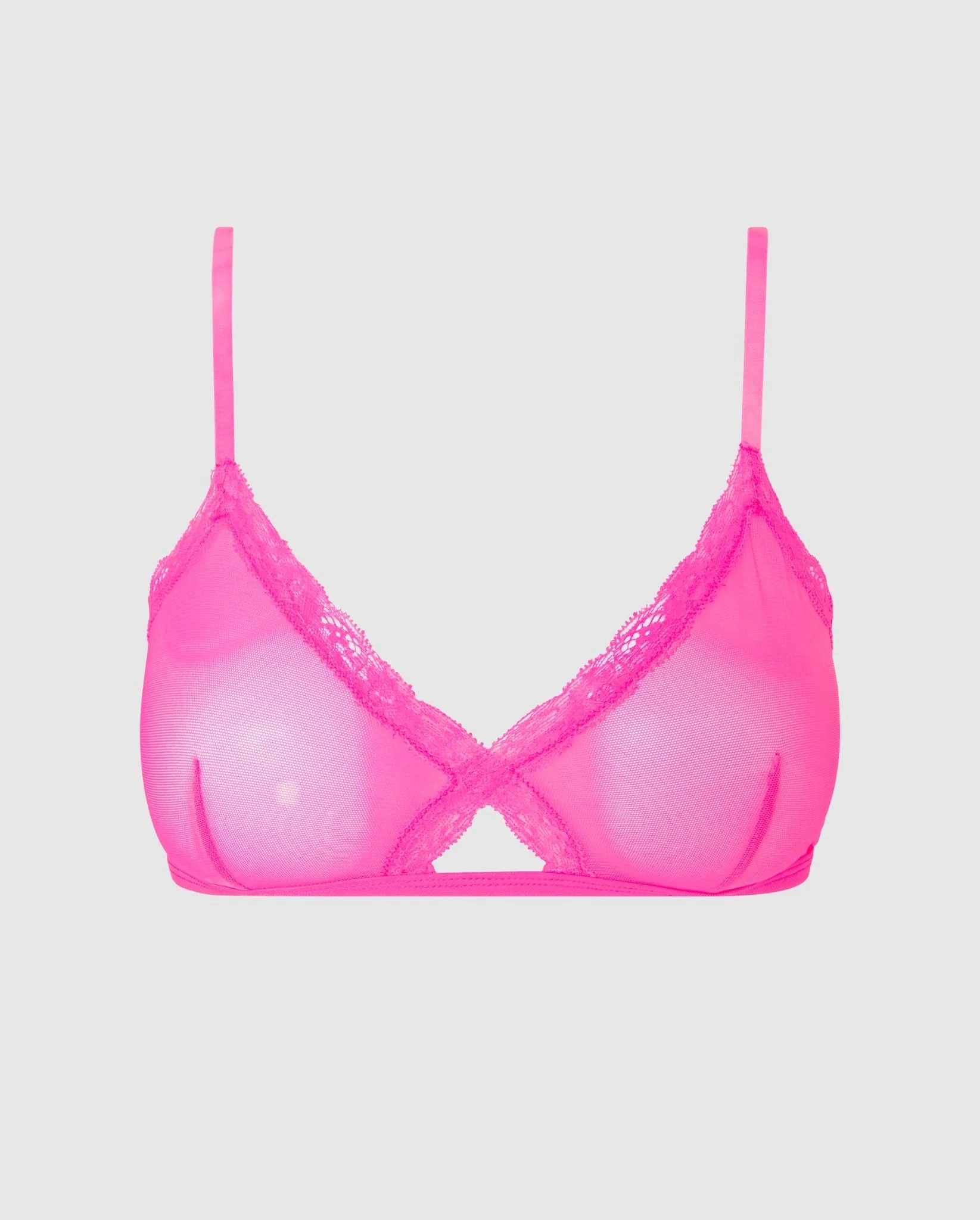 Mesh Lace Cut-Out Triangle Bralette Neon Pink - Image 2