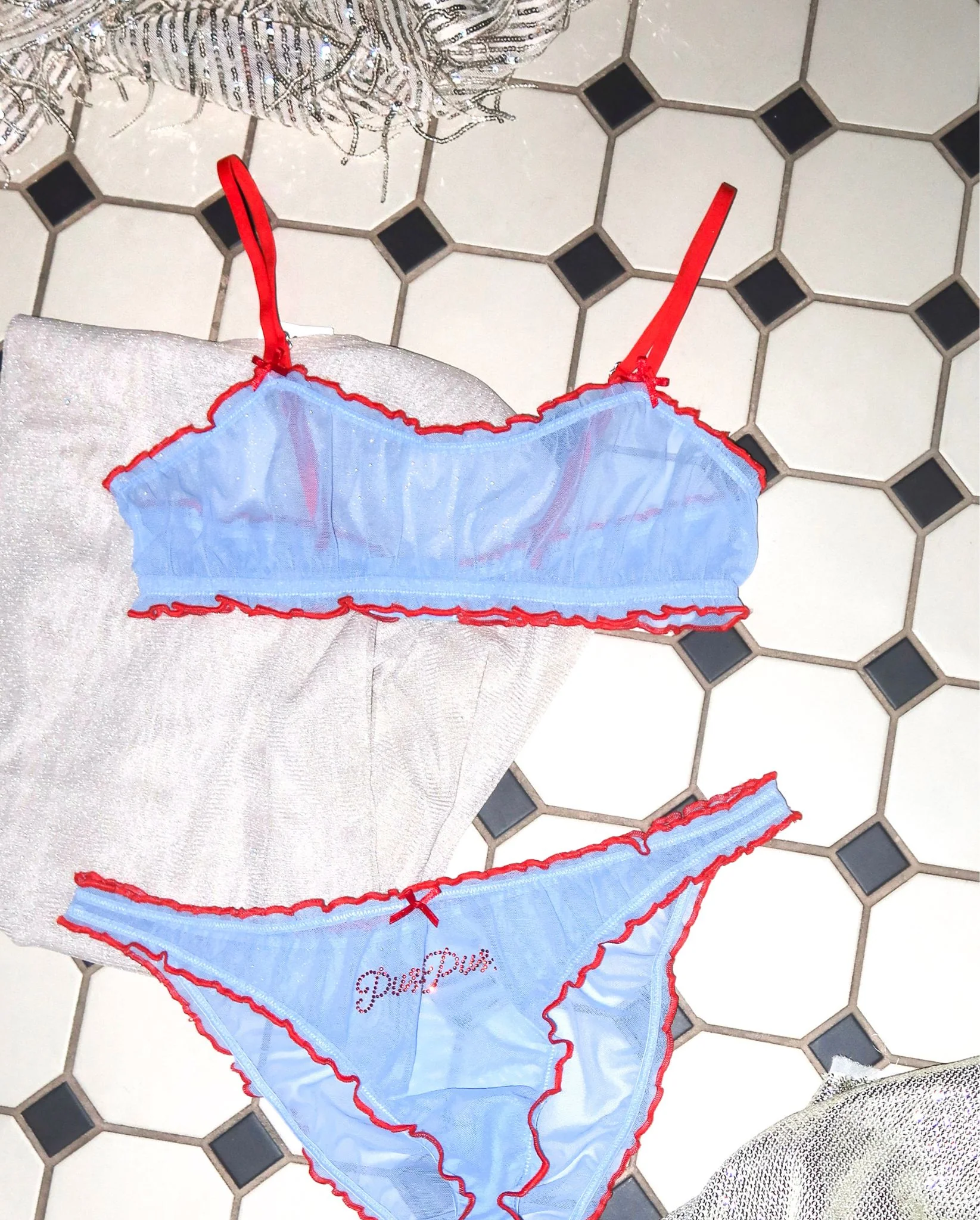 Mesh Ruffle Bikini Briefs Light Blue/Fiery Red - Image 11